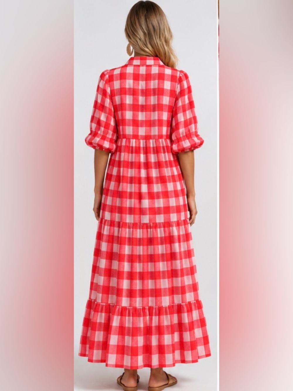 Red and White Gingham Maxi Dress with Tiered Skirt - Picture 2 of 5
